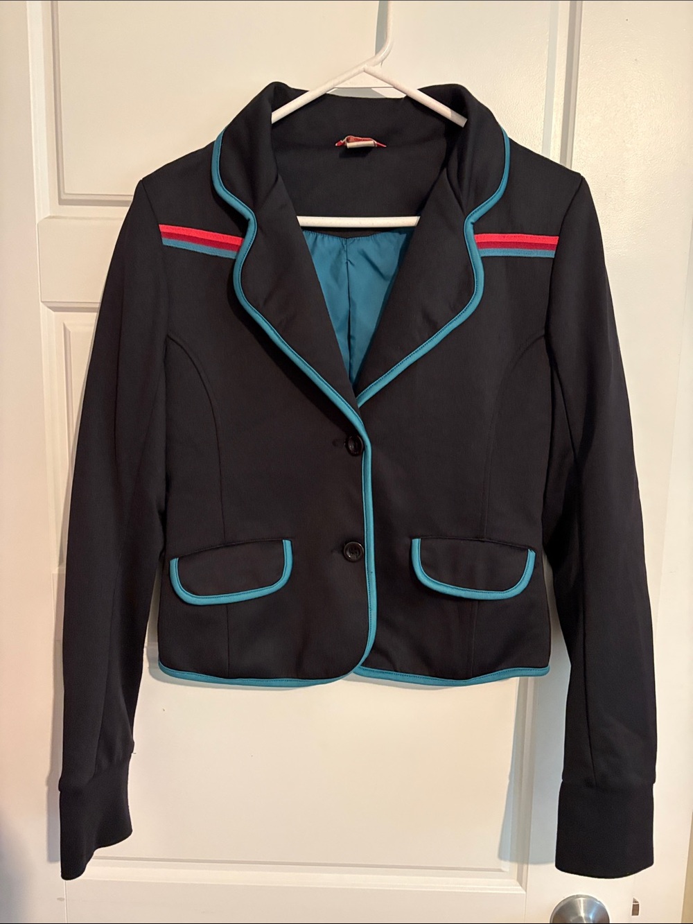 Womens Black Blazer with Turquoise Piping and Pink Stripe